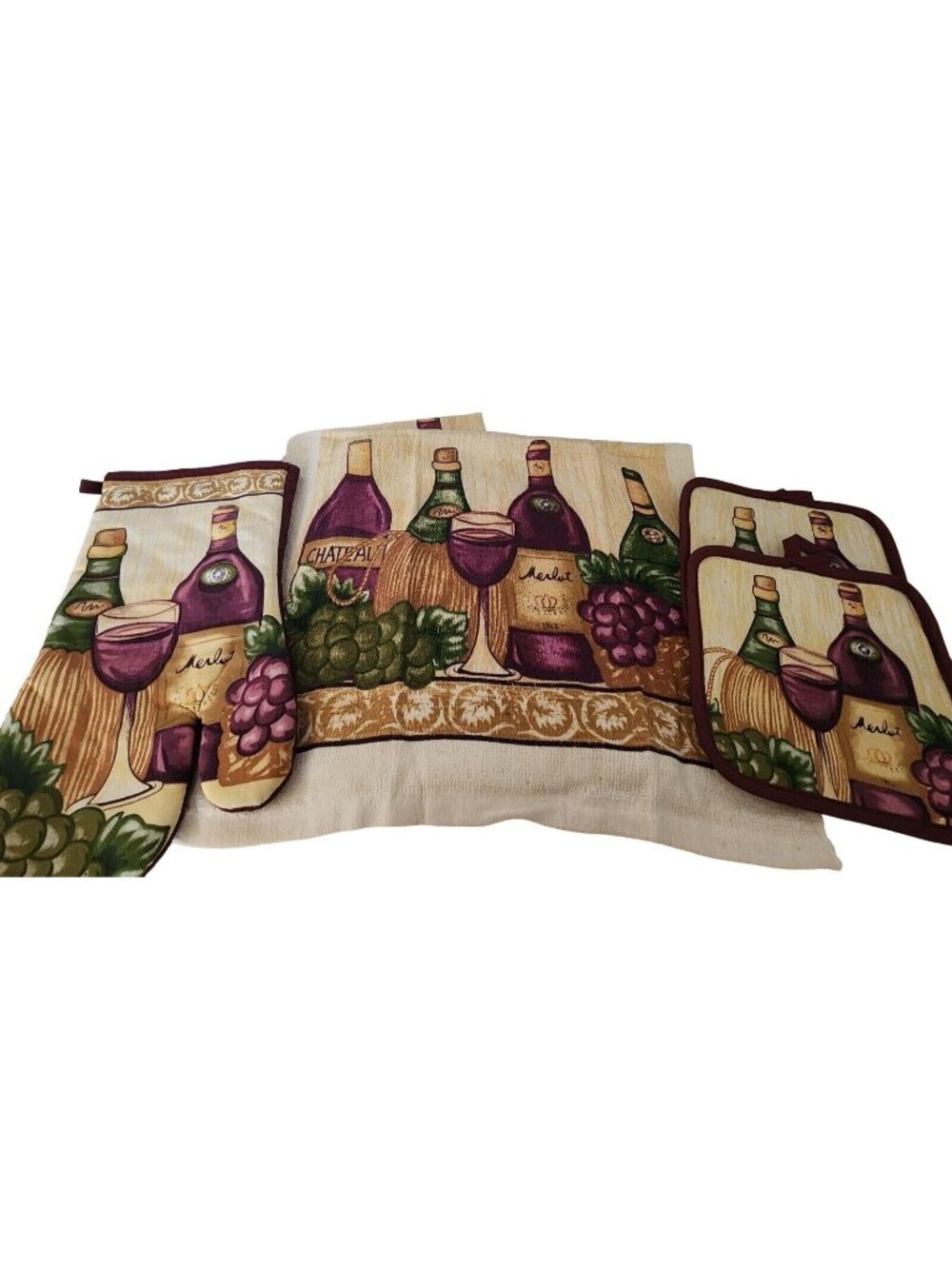 Kitchen Towel 5 Piece Set Merlot 2   2 Towels  2 Pot Holders, 1 Oven Mitt 100% C